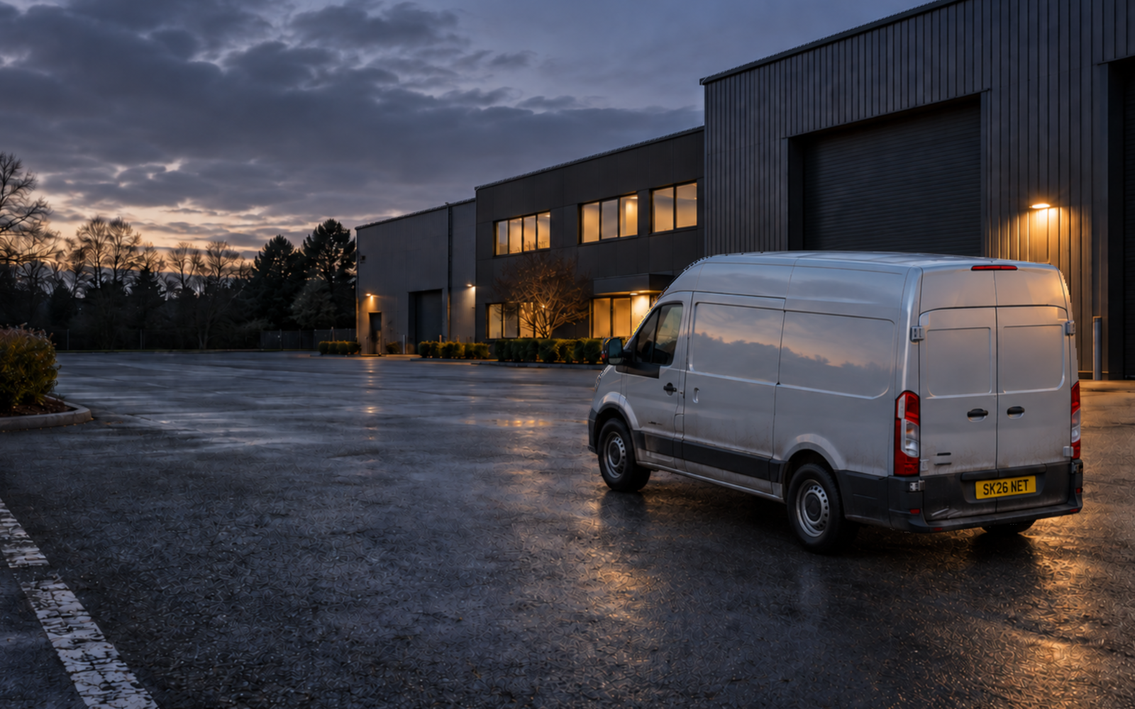 A white van at a service-road location recorded by a camera.