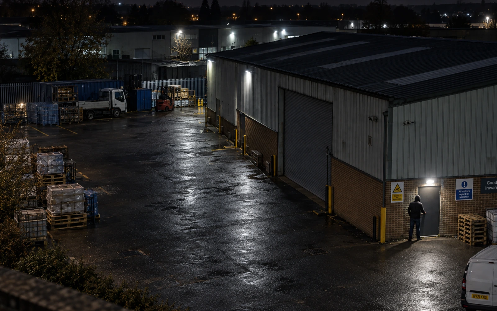 An industrial perimeter and access route around operational buildings.